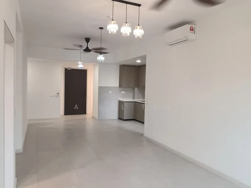Living features: white painted walls, light grey tiled flooring, 5-blade ceiling fan with light, 2 ceiling fans, recessed downlights, air conditioning unit, open layout, kitchen area visible in background, doorway leading to another room; style: modern.