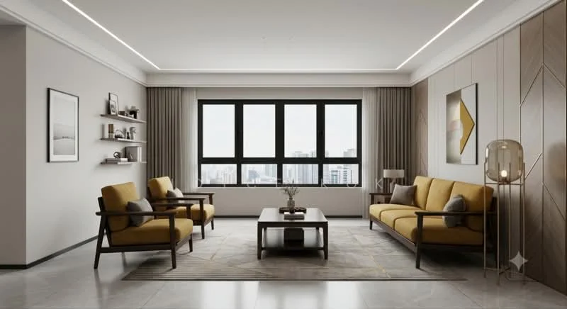 Living features: two yellow fabric sofas, two wooden armchairs, coffee table with wood finish, area rug with geometric pattern, wall-mounted shelves, framed artwork on walls, floor-to-ceiling windows, curtains, recessed ceiling lights, light-colored walls, polished tile flooring; style: modern; view: city.