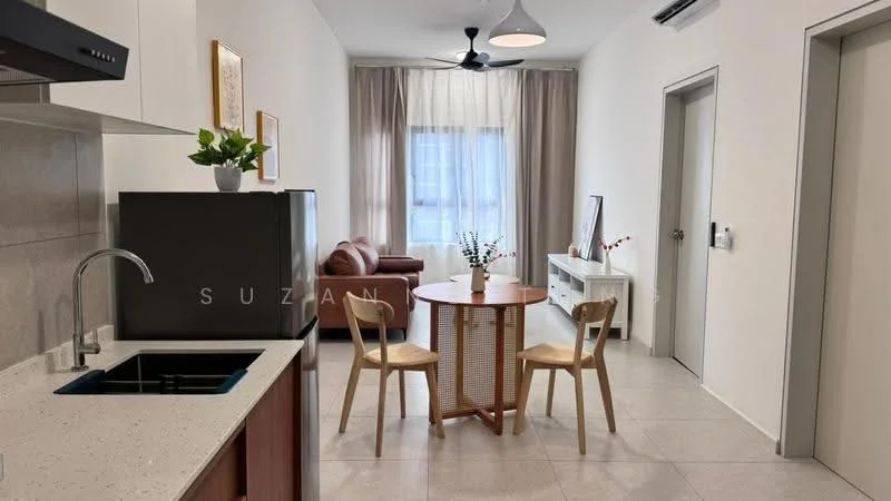 Living features: grey fabric sofa, round dining table, two wooden chairs, white sideboard, pendant light, 5-blade ceiling fan, floor-to-ceiling window with sheer curtains, light-colored walls, tile flooring, decorative plant on table, framed artwork on wall; style: modern.