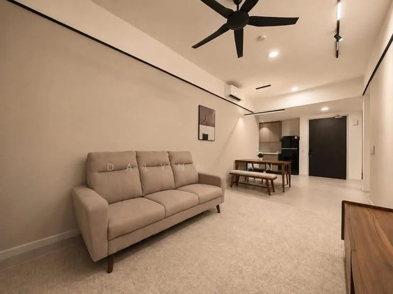 Living features: beige fabric 3-seater sofa, wooden dining table, 4 dining chairs, light grey carpet flooring, white painted walls, recessed LED downlights, black ceiling fan, wall-mounted artwork, open layout, door leading to kitchen, neutral colour palette; style: modern.