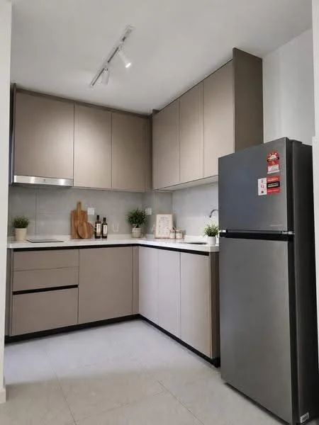 Kitchen features: light grey cabinetry, dark grey lower cabinets, white countertop, stainless-steel sink, chrome pull-down faucet, built-in oven, stainless-steel fridge, recessed LED downlights, decorative wooden cutting boards, potted plants, wall-mounted shelf, tile backsplash; style: modern.