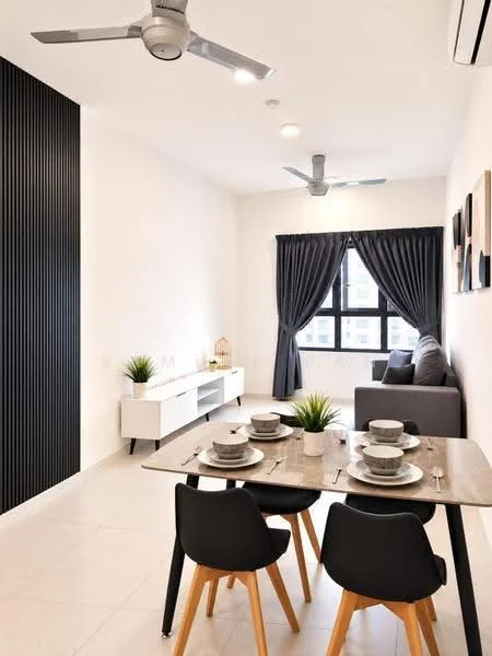 Living features: grey fabric sofa, coffee table, TV console, wall-mounted TV, 5-blade ceiling fan with light, recessed downlights, black accent wall with vertical slats, floor-to-ceiling windows with sheer curtains, light-coloured tile flooring, decorative wall art, indoor plants in pots; style: modern. Dining features: 6-seater dining table, black dining chairs with wooden legs, table setting with plates and cutlery, decorative centerpiece, light-coloured tile flooring; style: modern.