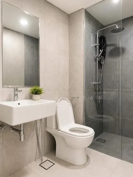 Bathroom features: grey tiled walls, white ceramic sink, chrome basin mixer faucet, one-piece toilet, walk-in shower with glass enclosure, rain shower head, recessed lighting, small potted plant, white tiled flooring, mirror above sink; style: modern.
