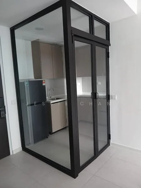 Kitchen features: glass partition walls, grey cabinetry, stainless-steel fridge, single-bowl stainless-steel sink, chrome pull-down faucet, white countertop, tile backsplash, built-in oven, ceramic tile flooring, recessed downlights; style: modern.