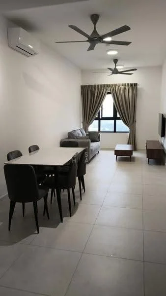 Living features: light grey fabric sofa, wood coffee table, 6-seater dining table with white top, black dining chairs, floor-to-ceiling windows, sheer curtains, recessed LED downlights, 2-blade ceiling fans, wall-mounted TV, air conditioning unit, light grey tiled flooring, white painted walls; style: modern; view: city.