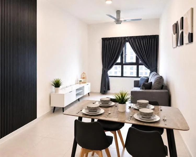Living features: grey fabric sofa, black dining table, 4 black dining chairs, white sideboard, decorative plants, black curtains, floor-to-ceiling window, ceiling fan with light, abstract wall art, white walls, light-colored tile flooring, black accent wall; style: modern; view: city.