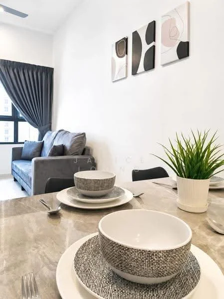 Dining features: dining table with marble top, 4 dining plates, 4 dining bowls, cutlery set, decorative plant in white pot, grey fabric sofa, framed artwork on walls, curtains in dark grey, floor-to-ceiling window, light-colored wall, wooden flooring; style: modern.