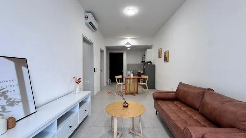 Living features: 3-seater brown leather sofa, round wooden coffee table, white TV console, wall-mounted air conditioning unit, recessed ceiling light, pendant light fixture, grey tiled flooring, decorative wall art, small indoor plant, open layout to dining area; style: modern. Dining features: 4-seater wooden dining table, wooden dining chairs, kitchen area visible in background; style: modern.