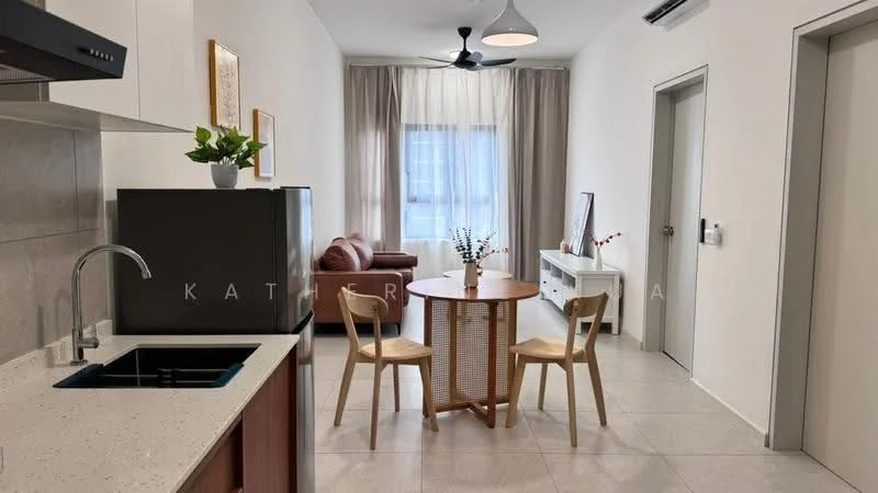 Living features: grey tiled flooring, white painted walls, 5-blade ceiling fan with light, floor-to-ceiling window, curtains, brown leather sofa, round dining table with rattan base, 2 wooden chairs, white console table, decorative vase on table, wall-mounted artwork; style: modern.