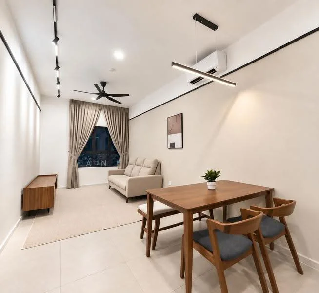 Living features: beige fabric sofa, wooden coffee table, 4-seater dining table, grey upholstered dining chairs, recessed LED downlights, 5-blade ceiling fan, air conditioning unit, floor-to-ceiling windows with sheer curtains, light-colored walls, light-colored tile flooring, area rug; style: modern.