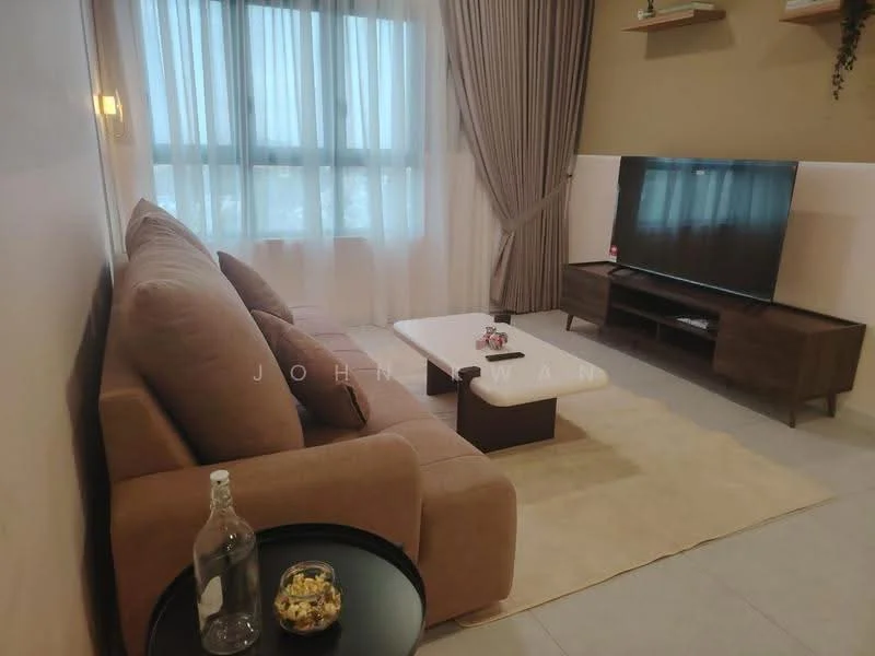 Living features: 3-seater fabric sofa in beige, coffee table, TV console, wall-mounted TV, area rug, floor-to-ceiling windows, curtains, decorative wall shelf, glass bottle on side table, snack bowl on side table; style: modern.