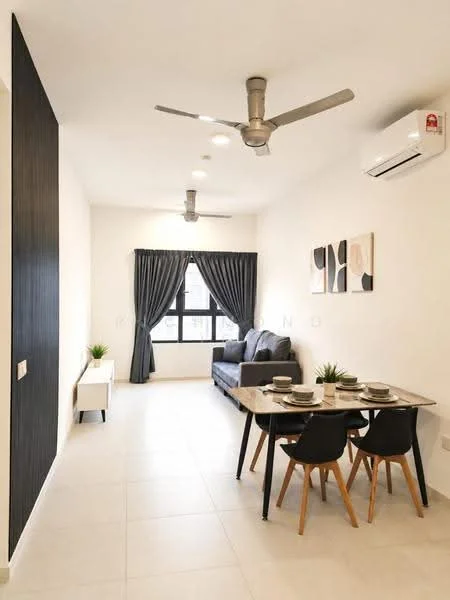 Living features: light-colored tiled flooring, white painted walls, black accent wall, 5-blade ceiling fan with light, 2-seater fabric sofa in grey, dining table with 4 black chairs, decorative wall art, curtains in dark fabric, wall-mounted air conditioning unit, small indoor plants; style: modern.