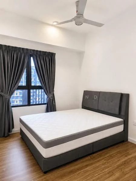 Bedroom features: queen-size bed, upholstered headboard, grey curtains, floor-to-ceiling window, wood laminate flooring, ceiling fan, white painted walls, decorative light fixture; style: modern; view: city.