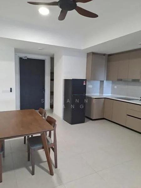 Kitchen features: light grey tiled flooring, white painted walls, ceiling fan, wooden dining table, 4 wooden dining chairs, black fridge, built-in kitchen cabinets in beige, white countertop, stainless-steel sink, wall-mounted cabinets, glass backsplash, built-in oven, induction cooktop; style: modern.