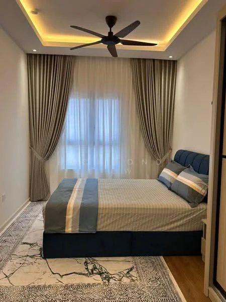 Bedroom features: king-size bed with upholstered headboard, striped bedding in blue and white, 2 bedside lamps, floor-to-ceiling window with sheer curtains, grey accent wall, marble-patterned area rug, 5-blade ceiling fan with light, recessed LED downlights, built-in wardrobe; style: modern.