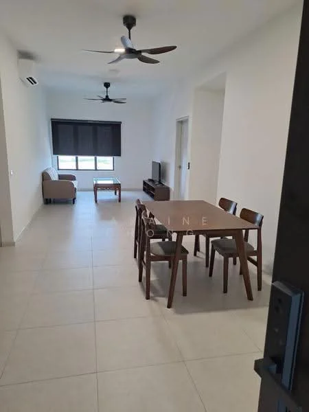 Living features: light-colored tiled flooring, white painted walls, 2 ceiling fans, sofa, wooden dining table with 6 chairs, TV console, wall-mounted TV, large windows with black roller blinds; style: modern.