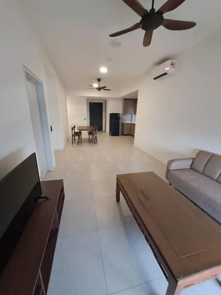 Living features: 2-seater fabric sofa in beige, wooden coffee table, TV console, wall-mounted TV, ceiling fan with 5 blades, ceiling fan with 3 blades, air conditioning unit, tile flooring, white painted walls, dining table for 4, refrigerator, open layout; style: modern.