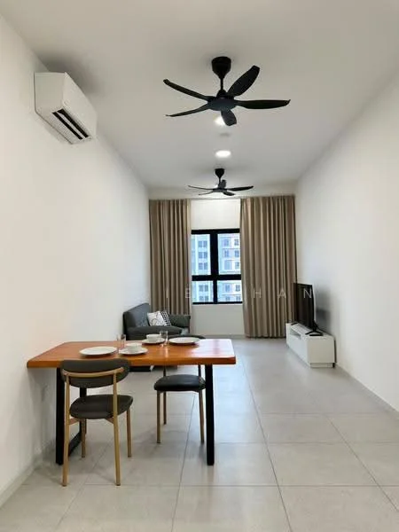 Living features: light grey tiled flooring, white painted walls, 2 ceiling fans, sofa in dark grey, wooden dining table, 2 dining chairs, wall-mounted TV, large window with sheer curtains, air conditioning unit, TV console in white, decorative items on table; style: modern; view: city.