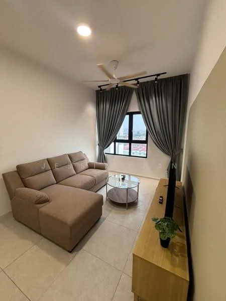 Living features: L-shape sectional sofa in beige, glass coffee table, wall-mounted TV, TV console, floor-to-ceiling windows, grey curtains, ceiling fan, light-colored tiled flooring, decorative plant on console; style: modern; view: city.