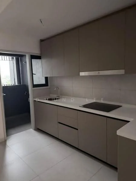 Kitchen features: grey flat-panel cabinets, white quartz countertop, single-bowl stainless-steel sink, chrome pull-down faucet, built-in oven, stainless-steel range hood, 4-burner gas hob, ceramic tile flooring, recessed downlights, window with black frame, open shelving, neutral wall tiles; style: modern.