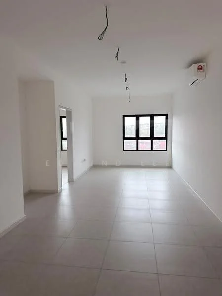 Room features: white painted walls, grey tiled flooring, floor-to-ceiling windows, 1 wall-mounted split AC, exposed ceiling with hanging light fixtures; style: modern.