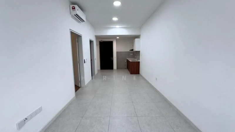 Room features: white painted walls, tile flooring, recessed downlights, wall-mounted split AC, kitchenette with countertop, cabinets, doorway leading to another room, open layout; style: modern.