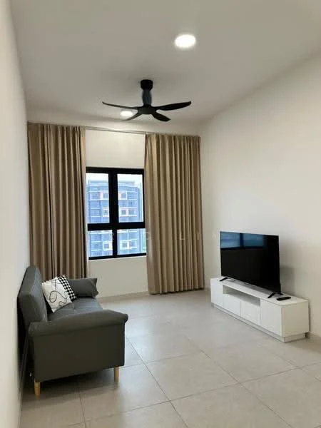 Living features: grey fabric sofa, black and white decorative cushion, white TV console, wall-mounted flat-screen TV, light grey tiled flooring, white painted walls, 5-blade ceiling fan with light, floor-to-ceiling windows with black frames, beige curtains; style: modern; view: city.