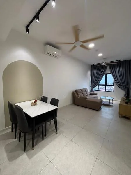 Living features: 5-blade ceiling fan with light, wall-mounted split AC, floor-to-ceiling windows, grey curtains, light-coloured walls, recessed lighting, cream tiled flooring, 2-seater fabric sofa in beige, coffee table, dining table with 4 black chairs, decorative plant on table; style: modern; view: city.