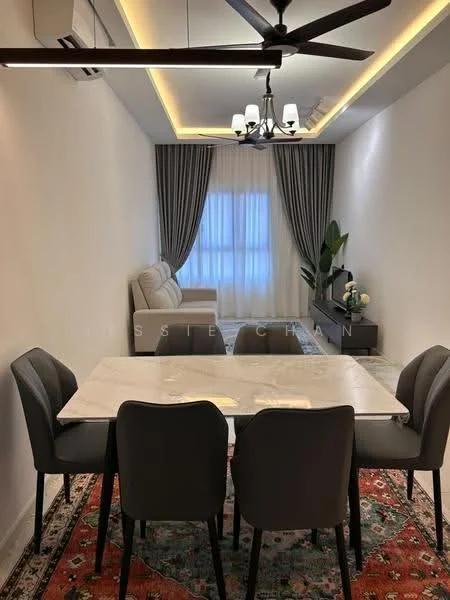 Dining features: 6-seater dining table with marble top, upholstered dining chairs in grey, area rug with geometric pattern, recessed LED downlights, 5-blade ceiling fan with light, white painted walls, curtains in grey, potted plant, sofa in background, wall-mounted air conditioning unit; style: modern.