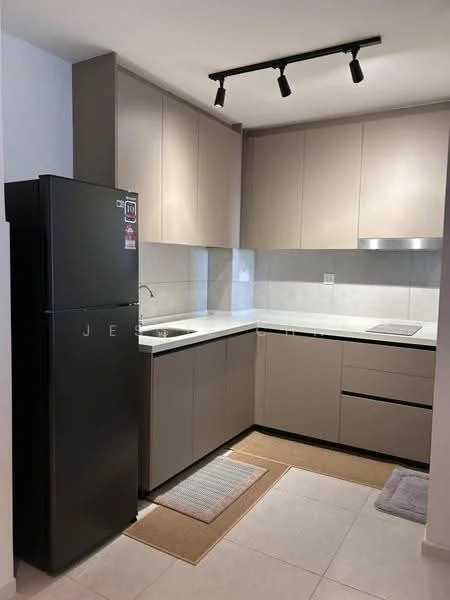 Kitchen features: black fridge, single-bowl stainless-steel sink, chrome pull-down faucet, white quartz countertop, grey cabinetry with flat-panel doors, built-in oven, induction hob, tile backsplash, track lighting, light-colored tile flooring, area rug in front of sink; style: modern.