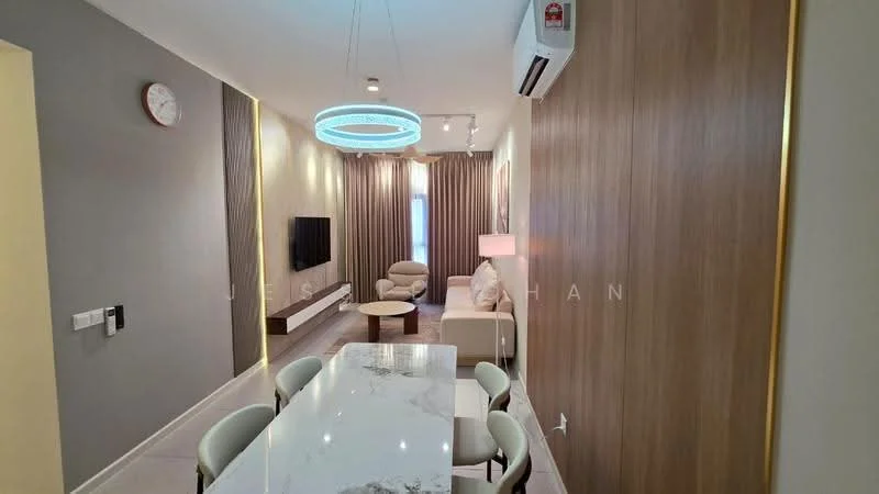 Living features: light grey painted walls, wood panel accent wall, marble dining table, white upholstered dining chairs, 3-seater beige fabric sofa, round coffee table, wall-mounted TV, recessed LED downlights, chandelier with circular design, floor-to-ceiling curtains, air conditioning unit; style: modern.