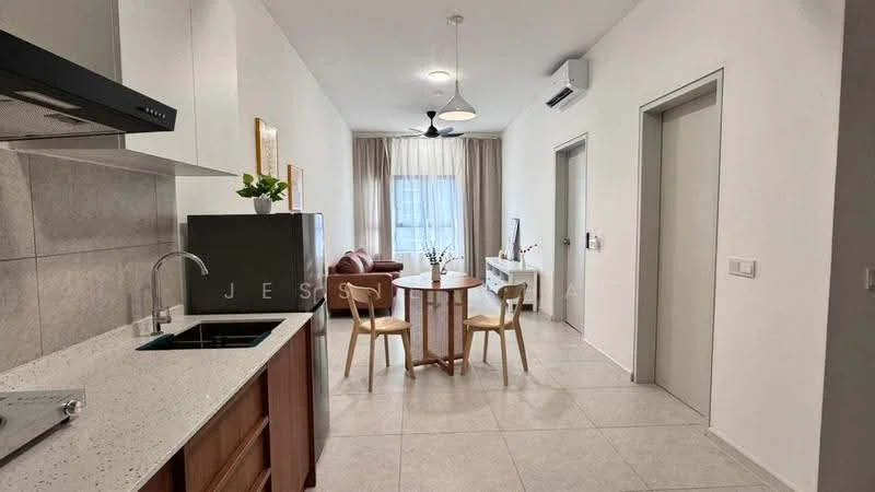 Kitchen features: white cabinetry, grey countertop, stainless-steel sink, chrome pull-down faucet, built-in stove, exhaust hood; style: modern. Living features: round dining table, two wooden chairs, 3-seater fabric sofa in beige, ceiling fan, wall-mounted air conditioning unit, large window with sheer curtains, tile flooring, decorative plant; style: modern.