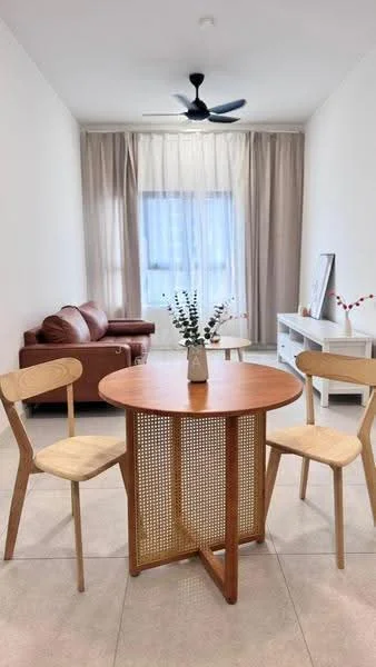 Living features: 3-seater leather sofa in brown, round wooden dining table, 2 wooden dining chairs, ceiling fan, floor-to-ceiling window, sheer curtains, light-colored walls, tile flooring, decorative vase on table, neutral decor; style: modern.