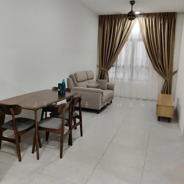 Living features: light grey tiled flooring, white painted walls, curtains in beige, floor-to-ceiling windows, 3-seater fabric sofa in light beige, wooden dining table for 4, 4 wooden dining chairs, wooden sideboard, ceiling fan with light, decorative wall art; style: modern.