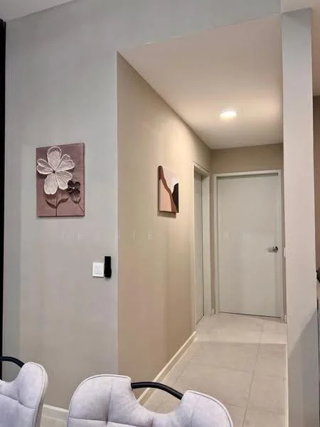 Room features: light grey painted walls, white door, white trim, recessed ceiling lights, tile flooring, framed artwork with floral design, framed artwork with abstract design, narrow hallway; style: modern.