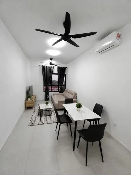 Living features: white painted walls, grey tiled flooring, 5-blade ceiling fan in black, wall-mounted split AC, sofa in beige, coffee table, TV console, wall-mounted TV, area rug with geometric pattern, dining table for 4 with white top, 4 black dining chairs, potted plant on dining table, black curtains; style: modern; view: city.