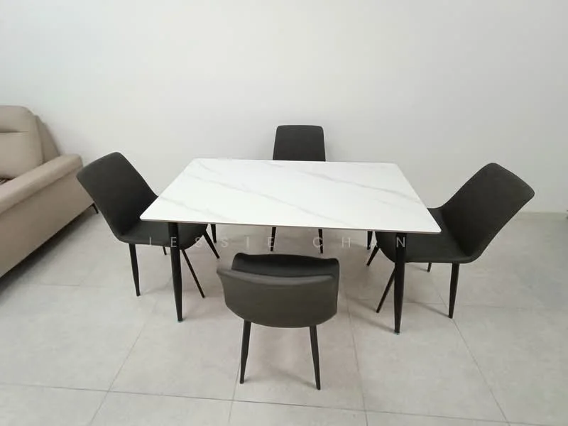 Dining features: rectangular dining table with marble top, 4 dining chairs with upholstered seats, black metal legs on table and chairs, light grey tiled flooring, white painted walls, minimalist decor; style: modern.