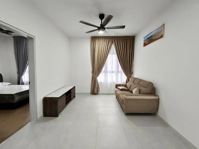 Living features: light grey tiled flooring, white painted walls, 5-blade ceiling fan with light, large window with sheer curtains, brown fabric 3-seater sofa, wooden TV console, decorative wall art, curtains in beige; style: modern.