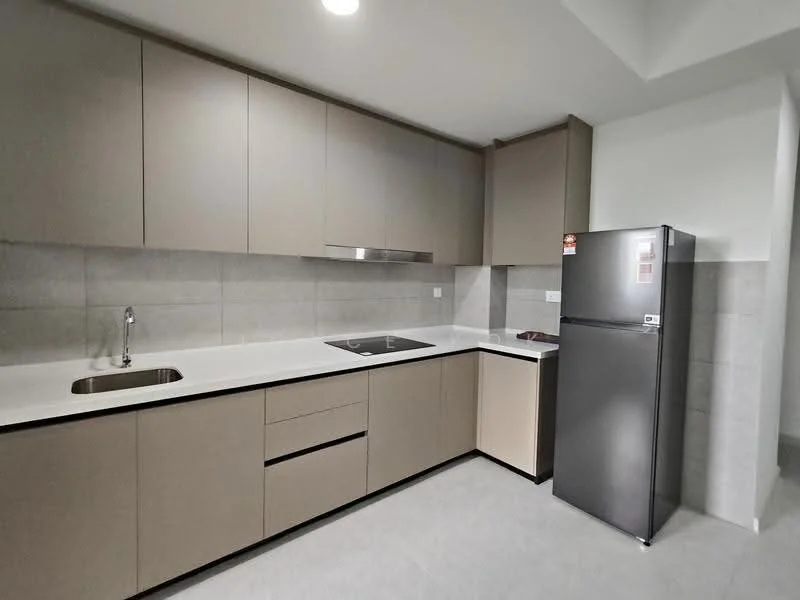 Kitchen features: single-bowl stainless-steel sink, chrome pull-down faucet, quartz countertop, grey cabinetry, built-in oven, stainless-steel fridge, ceramic tile backsplash, recessed downlights, grey tile flooring; style: modern.