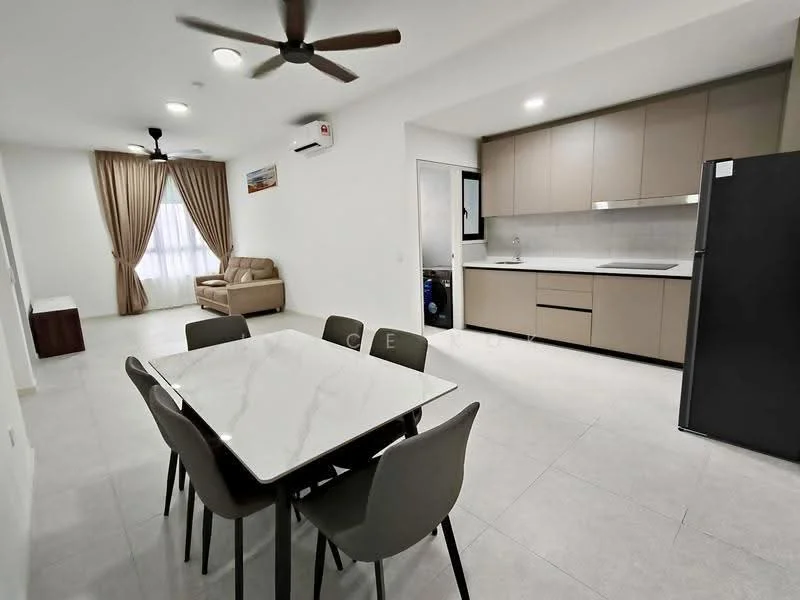 Dining features: 6-seater dining table with marble top, upholstered dining chairs, recessed downlights, ceiling fan, wall-mounted split AC, light grey tiled flooring, white painted walls, large window with sheer curtains; style: modern. Kitchen features: L-shaped kitchen layout, light brown cabinetry, white countertop, stainless-steel fridge, built-in oven, 4-burner gas hob, single-bowl stainless-steel sink, chrome pull-down faucet, grey tiled backsplash; style: modern. Living features: beige fabric sofa, coffee table, TV console, light grey tiled flooring, white painted walls, large window with sheer curtains; style: modern.