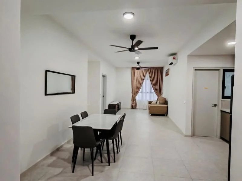 Dining features: 6-seater dining table, black dining chairs, white walls, recessed downlights, ceiling fan, tile flooring, mirror on wall, curtains on window, natural light from window, open layout to living area; style: modern. Living features: sofa, curtains on window, wall-mounted air conditioning unit, tile flooring, natural light from window; style: modern.