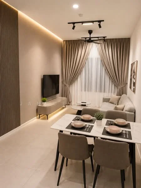 Living features: light grey fabric sofa, white coffee table, wall-mounted TV, cream curtains, recessed LED downlights, wooden accent wall, decorative wall art, neutral painted walls, tile flooring, dining table with four chairs, table setting with plates and cutlery, indoor plant; style: modern.