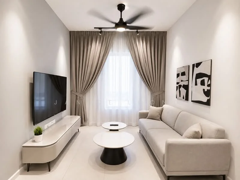 Living features: light grey fabric sofa, round black coffee table, white TV console, wall-mounted flat-screen TV, 5-blade ceiling fan with light, floor-to-ceiling windows, sheer white curtains, dark grey accent wall, abstract wall art; style: modern; view: city.