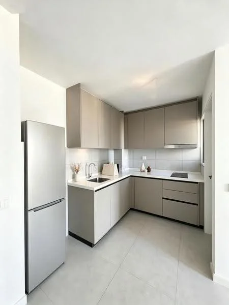 Kitchen features: stainless-steel fridge, single-bowl stainless-steel sink, chrome pull-down faucet, grey cabinetry, white tiled backsplash, black countertop, built-in oven, induction hob, drawer storage, open shelving, tile flooring, recessed downlights; style: modern.
