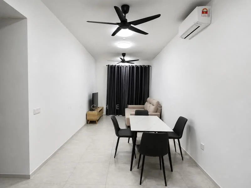 Living features: white painted walls, tile flooring, 5-blade ceiling fan with light, 5-blade ceiling fan with light, sofa in beige, coffee table, TV console, wall-mounted TV, blackout curtains, air conditioning unit; style: modern.