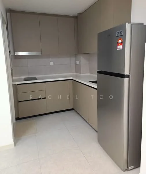 Kitchen features: light beige cabinetry, white countertop, stainless-steel fridge, built-in cooktop, stainless-steel sink, tile backsplash, under-cabinet lighting, ceramic tile flooring, wall-mounted cabinets, open shelving, single-bowl sink, chrome faucet; style: modern.