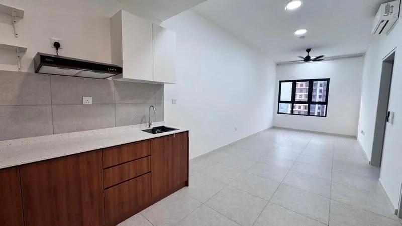 Kitchen features: white upper cabinets, brown lower cabinets, stainless-steel sink, chrome pull-down faucet, granite countertop, ceramic tile backsplash, built-in range hood, recessed downlights; style: modern. Living features: white painted walls, grey tile flooring, ceiling fan, large window with black frame, air conditioning unit, open layout, natural light; style: modern.