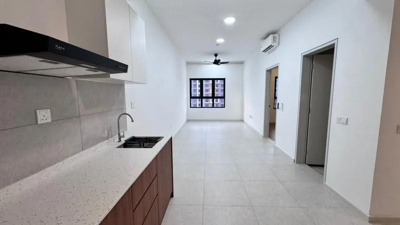 Kitchen features: white quartz countertop, stainless-steel sink, chrome pull-down faucet, built-in stove, wood cabinetry, grey tile backsplash, under-cabinet lighting; style: modern. Living features: light-colored tile flooring, white painted walls, ceiling fan, wall-mounted air conditioning unit, large window with city view; style: modern; view: city.