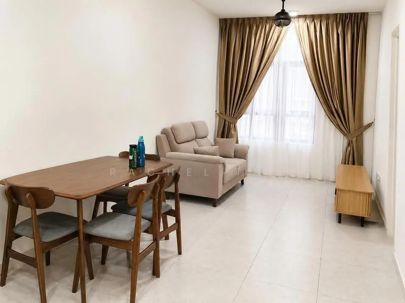 Living features: light beige fabric armchair, brown wooden dining table, 3 wooden dining chairs with grey cushions, light grey tiled flooring, white painted walls, floor-to-ceiling windows with sheer curtains, brown curtain drapes, wooden sideboard, pendant light fixture; style: modern.