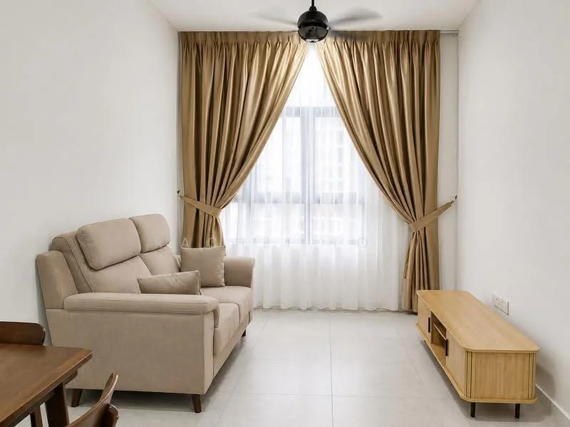 Living features: beige fabric 3-seater sofa, light wood TV console, floor-to-ceiling windows, sheer white curtains, brown drapes, ceiling fan, light grey tile flooring, decorative throw pillows; style: modern.